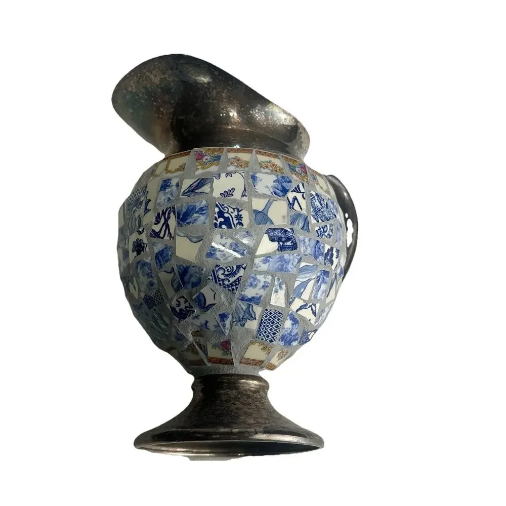 silver plated pique assiette mosaic Ceramic Tile footed pitcher Handmade Decor